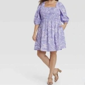 $15! 100% Cotton Ava & Viv Women's Purple Swirl Puff Elbow Sleeve Mini Dress